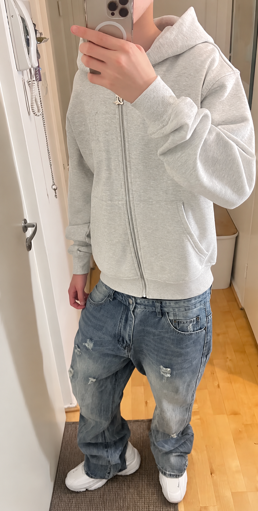 ELEGANT® Essential Hoodie Grey worn with baggy jeans — customer photo