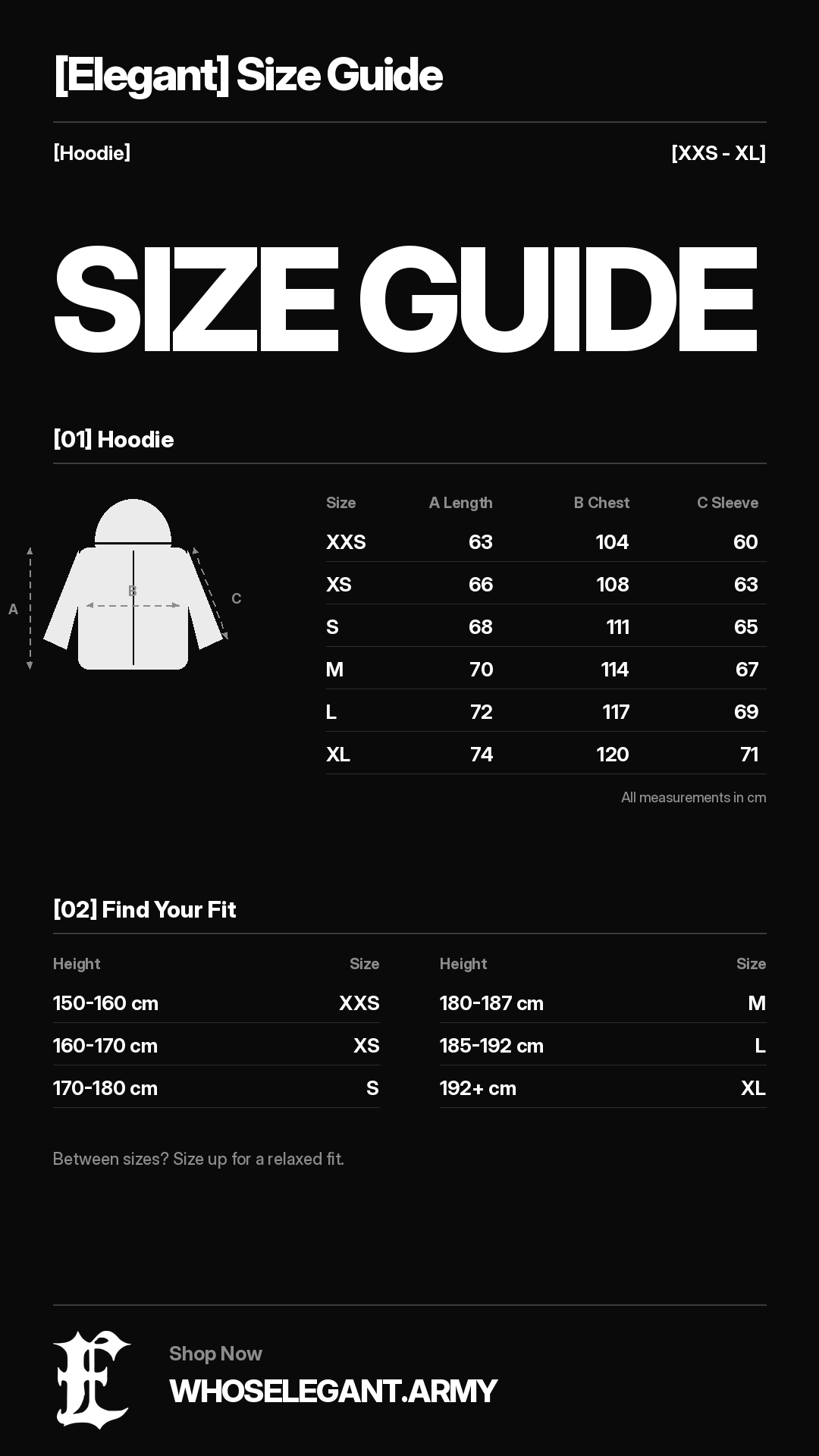 ELEGANT size guide