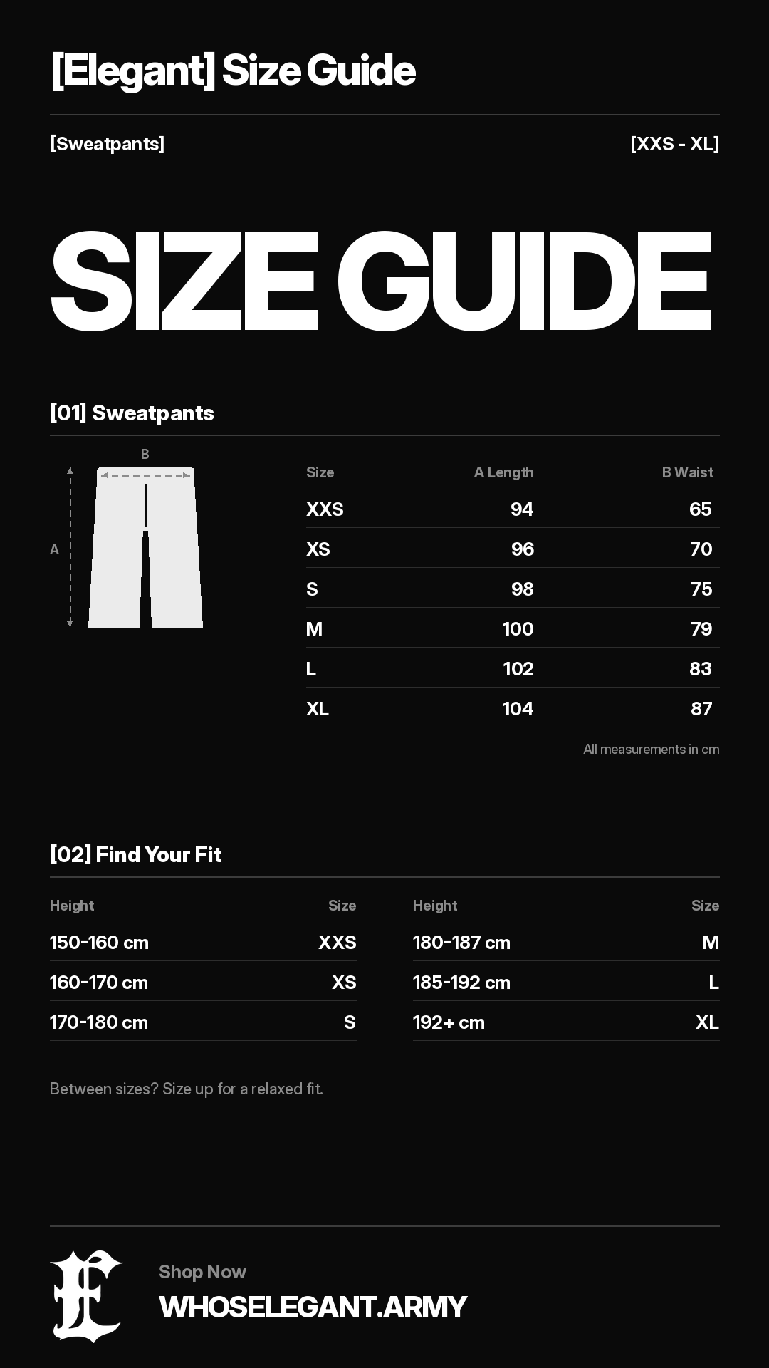 ELEGANT size guide